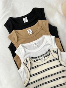 LMoss Kids 4pcs Baby Boy/Girl Cute Knitted Elastic Striped Short Sleeve Rompers, Basic Bodysuit Multi-Pack, Spring/Summer - Multicolor - View 3