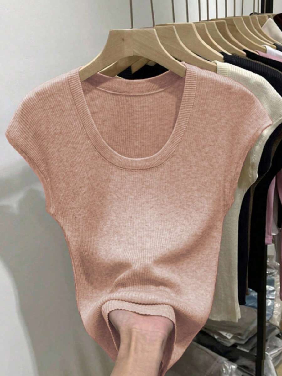 Airaco 2025 Spring/Summer New Arrival Solid Color Scoop Neck Short Sleeve Knit Sweater - Dusty Pink - View 1