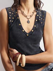 Bohemela Plus Size Summer Casual Beaded Decor Tank Top - Black - View 2