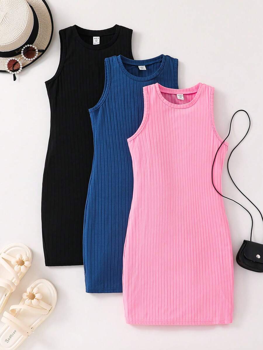 SHEIN 3件套少女纯色针织圆领无袖休闲连衣裙套装 - 彩色 - 查看 1