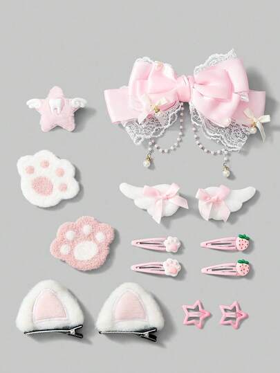 ROMWE Kawaii 14款随机小巧可爱蝴蝶结发夹，手工翅膀、星星、蝴蝶结、草莓猫耳爪子、牙齿元素发夹，洛丽塔风格粉色发饰