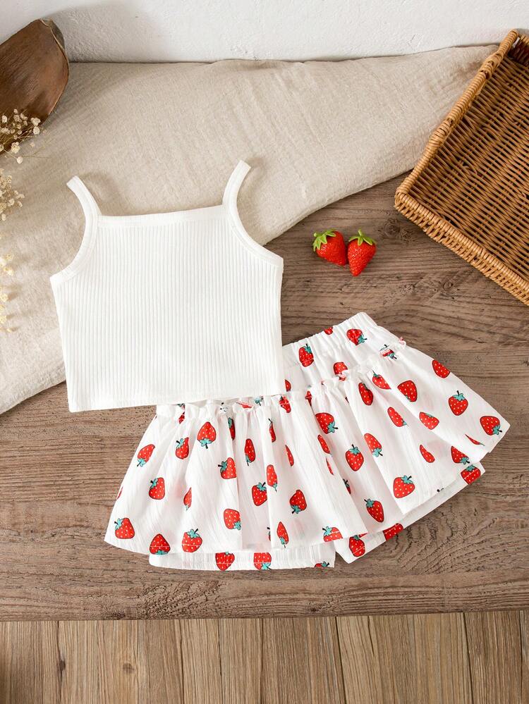 LMoss Kids 2件套女婴针织纯色樱桃刺绣吊带背心和梭织短裤套装 - 彩色 - 查看 2