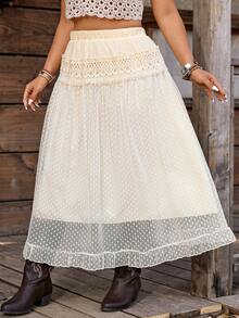 SHEIN LUNE Plus Size Women's Holiday Contrast Lace Polka Dot Mesh Skirt - Apricot - View 3