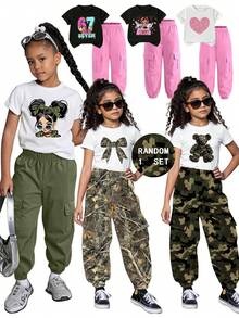 2pcs/Set Young Girl Casual Cute Girl Graphic Short Sleeve Round Neck T-Shirt And Cargo Pants, Girls Outfit, Spring/Summer/Autumn, 6 Sets Randomly Sent - Multicolor - View 1