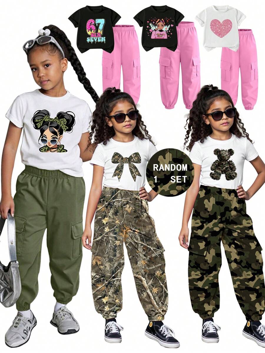 2pcs/Set Young Girl Casual Cute Girl Graphic Short Sleeve Round Neck T-Shirt And Cargo Pants, Girls Outfit, Spring/Summer/Autumn, 6 Sets Randomly Sent - Multicolor - View 1