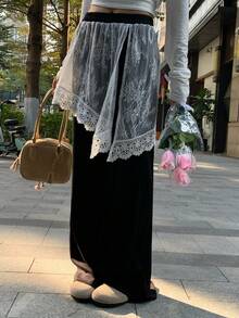 DAZY Women's Contrast Lace Elastic Waist Flare Pants, Casual Vacation Summer Trousers - Black - View 7