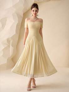 Modelyn 淡黄色撞色网纱露肩短袖优雅度假连衣裙 - 淡黃色 - 查看 5