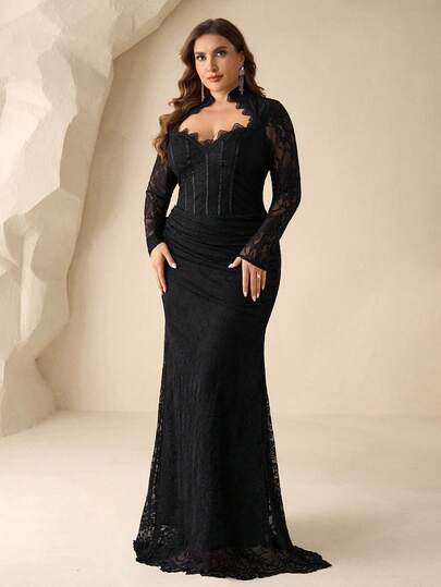 Coutiva Plus Size Stand Collar Lace Long Sleeve Maxi Formal Evening Gown (Heavily Embellished)