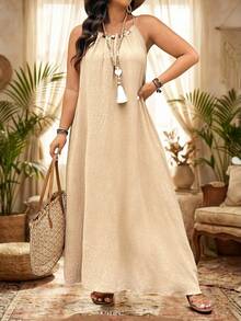 SHEIN LUNE Plus Size Women's Khaki Summer Boho Beach Holiday Beaded Halter Maxi Dress,Elegant Waist-Cinched A-Line Flowy Dress For Vacation,Parties&Weddings - Apricot - View 3