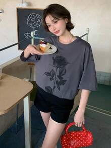 DAZY 女士印花宽松圆领落肩T恤 - 灰色 - 查看 5