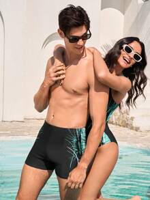 Manfinity VDAYZ 男士沙滩度假休闲印花泳裤 - 黑色 - 查看 2