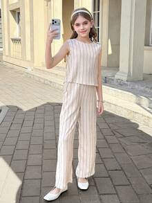 SHEIN Nova Glow Tween Girls Vacation Casual Striped Sleeveless Top And Straight Leg Pants Set - White - View 5