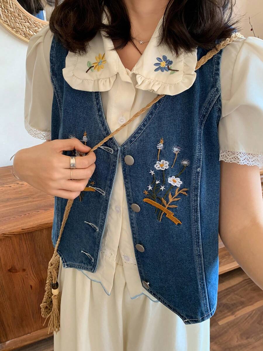 FRIFUL 女士花卉刺绣单排扣休闲牛仔背心外套 - 藍色 - 查看 1