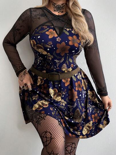 Whyspr Plus Size Women's New Round Neck Vintage Casual College Fashion Dark Punk Style Printed Patchwork Mesh Ribbon Decor A-Line Long Sleeve Dress, Suitable For Daily Wear, Office, Thanksgiving, New Year's Party, Halloween, Vacation, Back To School, Holidays, Birthday Party, Music Festival, Valentine's Day, Spring/Summer