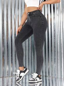 Flexra High Waist Skinny Slant Pocket Fashion Casual Denim Jeans - Black - View 4