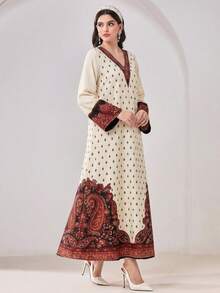 Ivory & Burgundy Paisley Print Modest Maxi Dress - V‑Neck Kaftan Style, Long Sleeves, Boho Border Hem,  Resort & Dinner Dress Casual Modest Arabic Style Dress - Multicolor - View 1