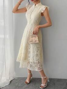 DAZY Women's Elegant Lace Collar Ruffle Hem Mid-Length Dress, Summer - Apricot - View 6