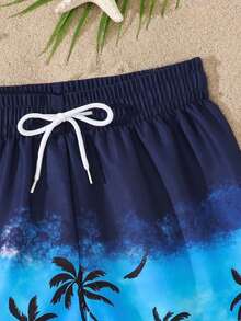 SHEIN 男童个性化棕榈叶印花泳裤,舒适透气,适合游泳池、海滩和度假穿着 - 彩色 - 查看 4