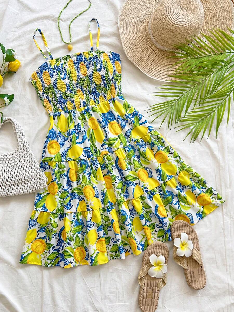 SHEIN WYWH 女士休闲柠檬印花无袖连衣裙，适合度假穿着 - 彩色 - 查看 1