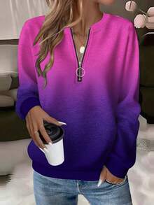 EMERY ROSE 大码女式休闲渐变印花拉链圆领卫衣，简约美式风格 - 彩色 - 查看 1