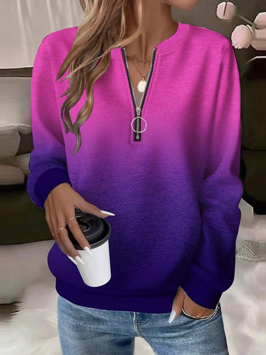 EMERY ROSE 大码女式休闲渐变印花拉链圆领卫衣，简约美式风格 - 彩色 - 查看 1