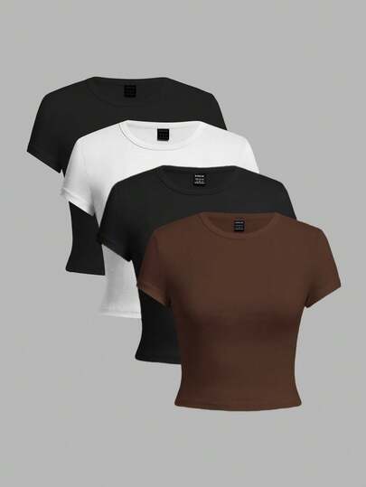 SHEIN EZwear Conjunto de 4 camisetas ajustadas de manga corta y cuello redondo para mujer, apropiadas para el verano