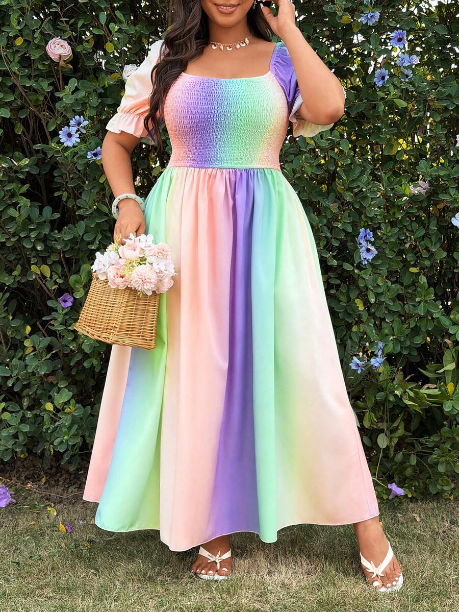 Vionelle 大码女式休闲优雅公主风A字短袖渐变色连衣裙，适合度假穿着 - 彩色 - 查看 1