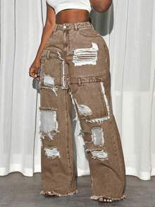 Slaydiva Women's Distressed Slant Pocket Casual Versatile Wide Leg Jeans Ripped Baggy Jeans Patchwork Pants Loose Jeans Ripped Jeans Distressed Jeans - Coffee Brown - View 5