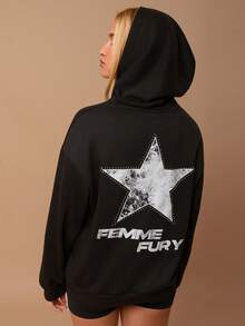 SURIMA Women's Casual Fashionable Street Sweatshirt, Star & Letter Print With Rhinestone Decor, Loose Fit Pullover For Daily Commute - Black - View 1