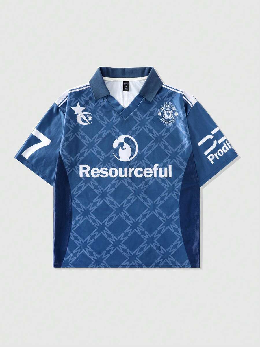 ROMWE MEN Prep Áo thun polo cổ chữ V tay ngắn in họa tiết thể thao thường ngày dành cho nam - Màu xanh lam - Xem 1