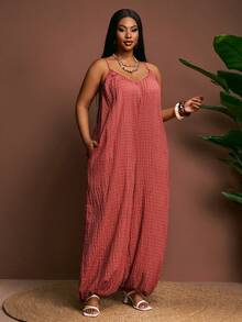 Slaydiva 2026 Spring/Summer Elegant Commute & Casual, Birthday Party, Graduation, Student Wear, Daily Outing, All-Match Versatile, Leisure, Vacation, Cruise Travel, Beach, Sunbathing, Viral Hit, Business Casual, Minimalist & Casual & Vacation & Outing Women's Suitable For Beach And Summer Wear Sleeveless Wide Leg Jumpsuit - Rose - Rose Red - View 6