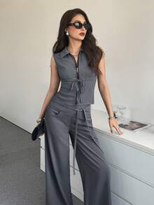 Modelyn 女士纯色拉链前开抽绳腰背心带口袋裤子休闲两件套无袖连体裤女士连体裤休闲连体裤女士一体式连体裤女士连体裤 - 灰色 - 查看 1