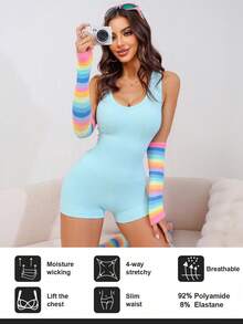 Eraneu 1pc Women Seamless Comfortable Tummy Control Lift Butt Bodysuit - Mint Blue - View 3