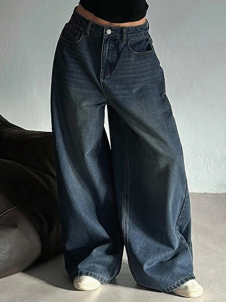 DAZY 女士休闲宽松百搭韩版阔腿牛仔裤 - 藍色 - 查看 1