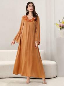 Al Najma Women's Elegant Arabic Style Chiffon Dress With Rhinestone Floral Trim, Long Sleeve, Orange With Golden Shimmer, Spring/Summer - Orange - View 5