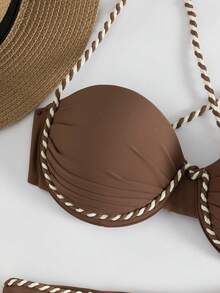 Swim Vcay Swim Oasis 新款优雅波西米亚复古风女士两件套比基尼，巧克力棕色泳衣，饰有手工扭结白棕色绳饰，褶皱抹胸上衣，系带式3D硬模杯，高腰平角短裤，航海海岸风设计，Y2K辣妹风格，完美适用于夏季海滩度假、泳池派对、日光浴、游泳、音乐节以及打造时尚摩登度假氛围。 - 棕色 - 查看 8