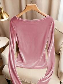 Franclia Elegant Casual Velvet V-Neck Long Sleeve T-Shirt, Champagne Color, Autumn/Winter - Pink - View 2