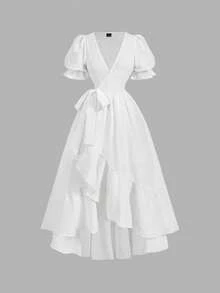 SHEIN MOD 女士白色交叉V领扭腰优雅泡泡袖连衣裙 - 白色 - 查看 5