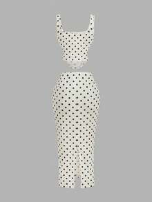 SHEIN MOD 两件套女士波点修身吊带背心和中长裙套装，适合春夏穿着 - 彩色 - 查看 4