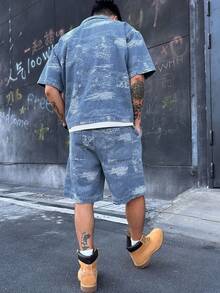 DAZY Bộ đồ nam mùa hè, phong cách thường ngày, thích hợp đi nghỉ mát, dạo phố, đi làm, gồm áo sơ mi ngắn tay và quần short denim. - Màu xanh lam - Xem 2