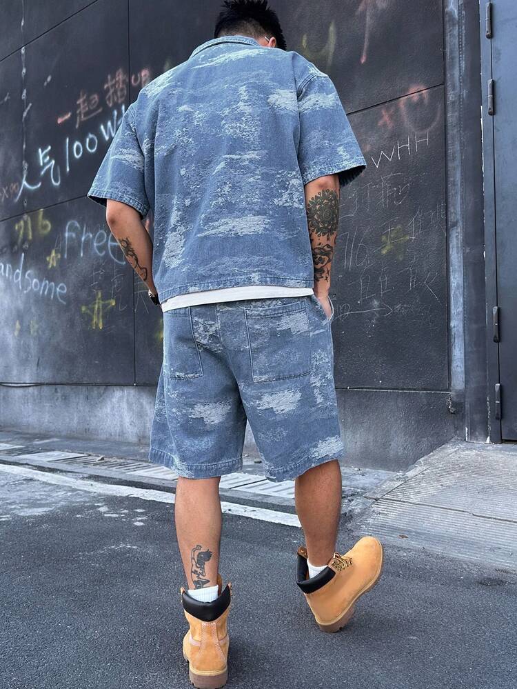 Men's Summer Casual Vacation Fashion Street Daily Commute Short Sleeve Shirt And Denim Shorts Set