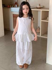 DAZY Young Girls Summer New Lace Patchwork Ruffle Trim Korean Style Sleeveless Blouse Set - White - View 1