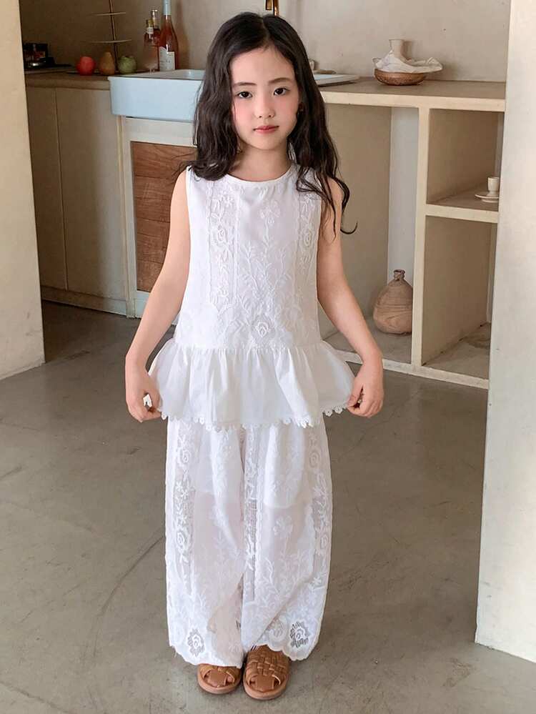 Young Girls Summer New Lace Patchwork Ruffle Trim Korean Style Sleeveless Blouse Set