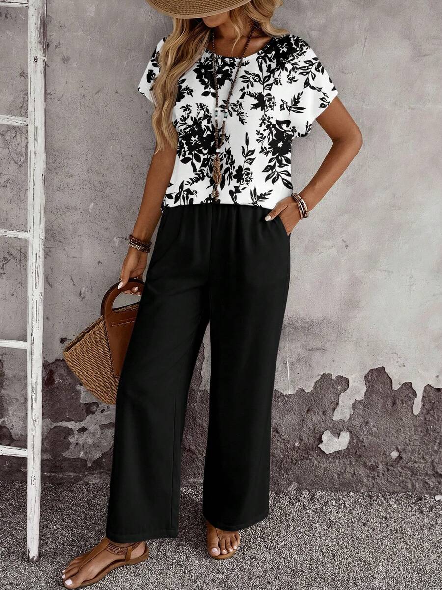 EMERY ROSE Bộ 2 món dành cho nữ, gồm áo cổ tròn in hoa và quần ống rộng, trang phục đa năng phù hợp cho mùa xuân và mùa thu, phong cách thường ngày.