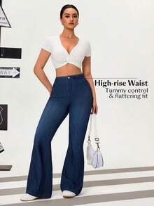 Flexra Quần jeans ống loe dáng ôm, màu trơn dành cho nữ, kiểu dáng thường ngày. - Rửa tối - Xem 7