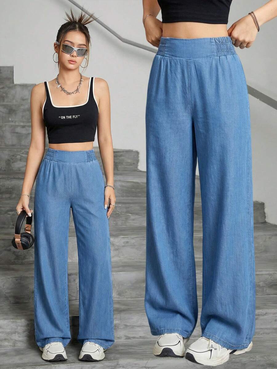 Jeans rectos de cintura elástica, sueltos y con caída para uso casual y diario para adolescentes - Azul lavado medio - Ver 1