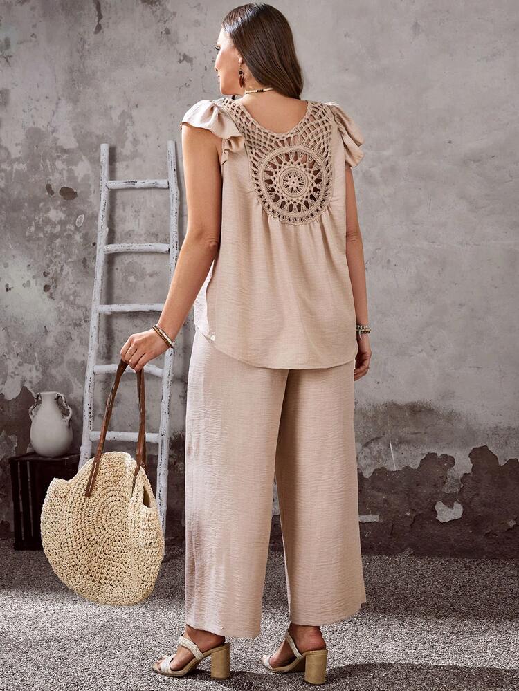 2pc Set Plus Size Women's Summer Casual Vacation Country Round Neck Short Sleeve Solid Color Khaki Cap Sleeve Lace Patchwork Back Design Shorter In Front And Longer In Back Blouse Top Shirt  And Pants 2 Piece Set With Pockets/Summer,Summer Holiday,Spring Break Outfits ,Vacation Outfits Women ,Holiday Outfits For Women,Going Out Outfits,2026 New Clothes,Simple And Fashionable For Everyday Wear, Plus Size Pants Set,Modest Two Piece Set, Plus Size Summer Sets, Wide Leg Pants Set, Beige Two Piece Set,Suitable For Summer, Vacation, Commute, Daily Wear, Summer Outfits