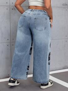 Slaydiva Spring/Summer Plus Size Women High Waist Pocket Lip Print Loose Casual Wide Leg Jeans - Blue - View 2