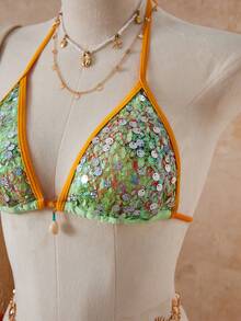 Swim SXY Bộ 2 áo tắm in họa tiết đính sequin phối màu tương phản, phong cách retro ngọt ngào dễ thương, thích hợp cho nữ đi biển nghỉ dưỡng. - Nhiều màu - Xem 8