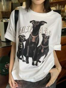 DAZY 女士字母和狗狗印花圆领休闲宽松T恤 - 白色 - 查看 6